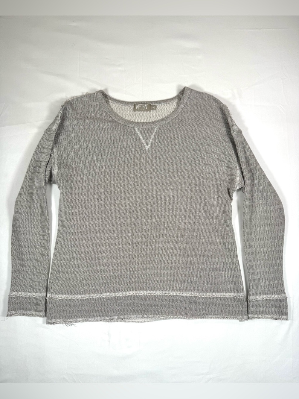 NATION LTD Womens Herringbone Sweatshirt M Raw Seam Distressed Quiet Luxury